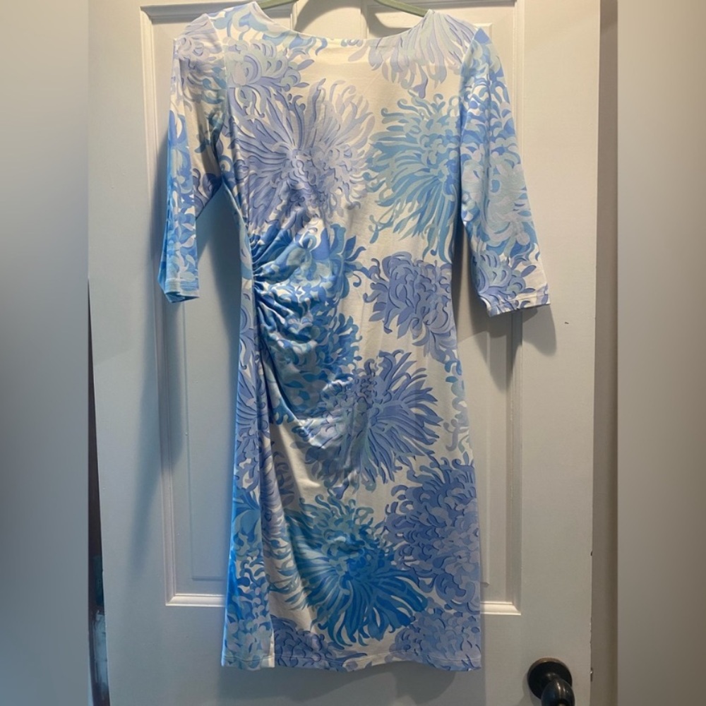 J McLaughlin Light Blue Floral  Dress with Side Ruching